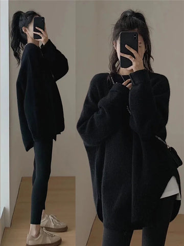 Loose Large Size Cashmere Sweater Women Korean Mid Length 100% Pure Merino Wool Knitted French Pullover Autumn and Winter Jumper